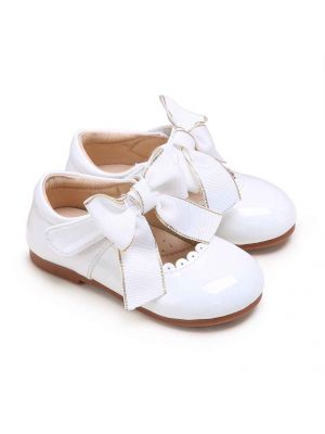 White Microfiber Leather Girls Shoes With Handmade Bow-knot 