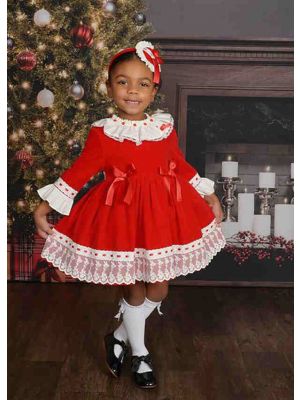 Lace Fluffy Princess Red Kids Three Quarter Sleeves Party Dress With Red Bows + Hand Headband 