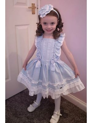 Newest Summer Girls Dress Sky Blue Princess Dresses For Girls With Bows + Handmade Headband                                                                          