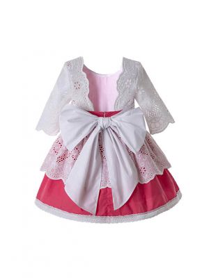 Girl Pink Flower Embroidered Lace Princess Dress + Handmade Headband