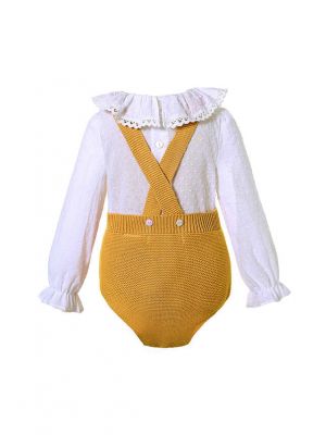 2 Piece Yellow Baby  Pom Pom Romper + Ruffle White Shirt