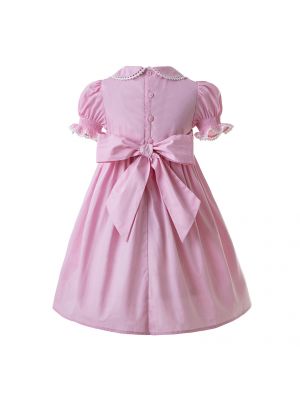 Pink Party Girls Doll Collar Handmade Embroidered Smocked Dresses                                                       